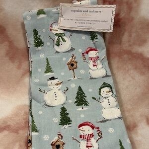 Cupcakes and Cashmere Winter Snowman Forest Kitchen Towels Set of 2 NWT Cotton